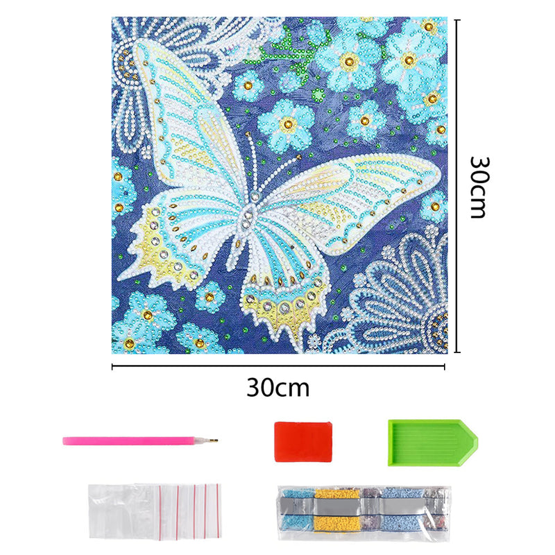 Broderie Diamant Lumineux de Forme Spéciale Papillon Bleu et Fleurs