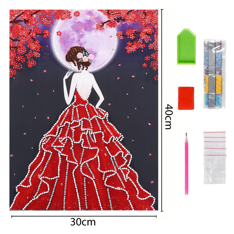 Broderie Diamant Lumineux de Forme Spéciale Femme en Robe Rouge