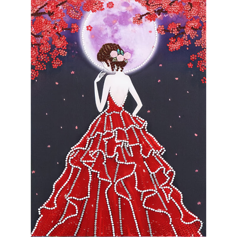 Broderie Diamant Lumineux de Forme Spéciale Femme en Robe Rouge