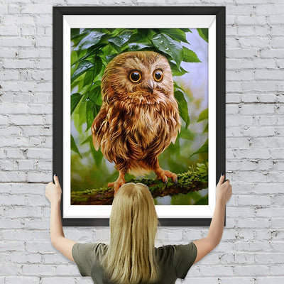 Hibou et Feuilles Vertes Broderie Diamant