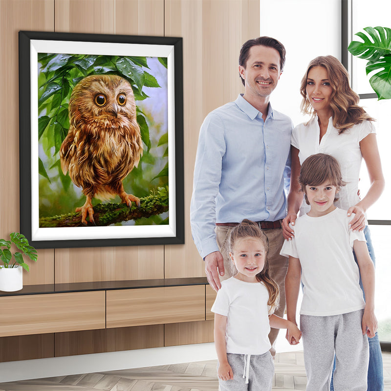 Hibou et Feuilles Vertes Broderie Diamant