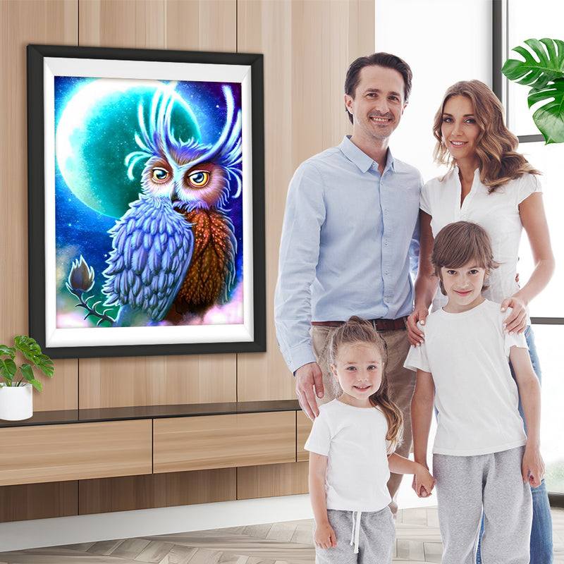 Hibou Bleu et Rouge avec la Lune Broderie Diamant