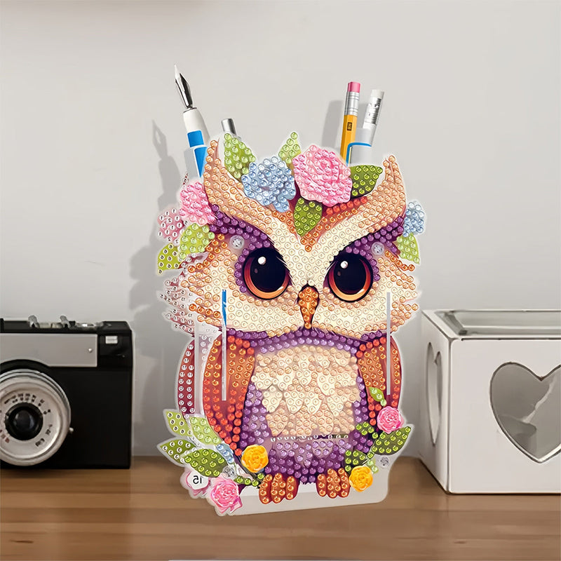 Porte-Stylo Hibou Avec Fleurs Broderie Diamant