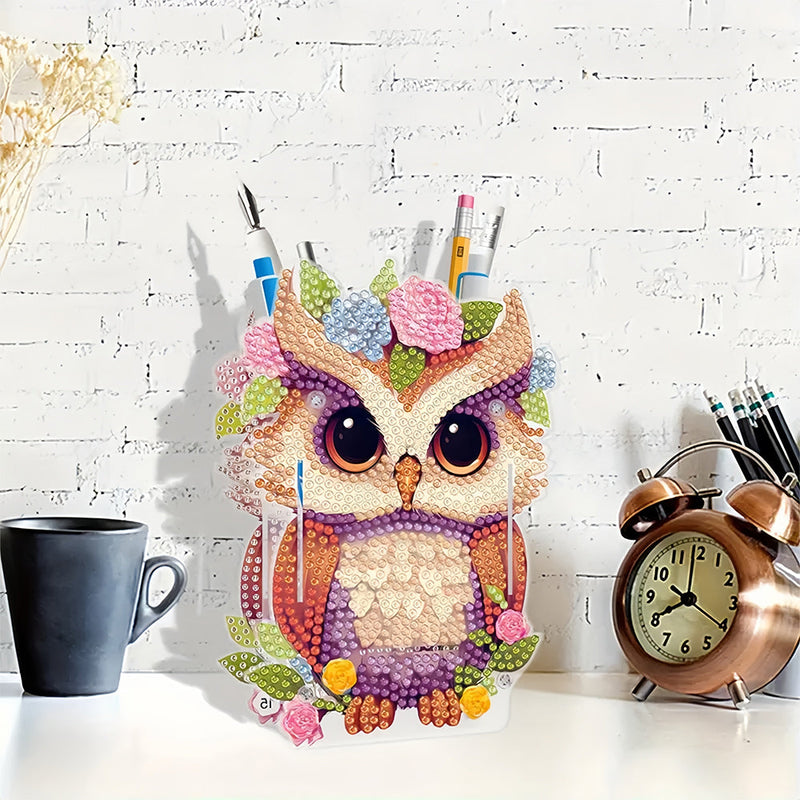 Porte-Stylo Hibou Avec Fleurs Broderie Diamant