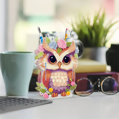 Porte-Stylo Hibou Avec Fleurs Broderie Diamant