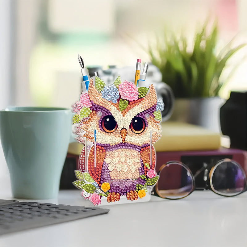 Porte-Stylo Hibou Avec Fleurs Broderie Diamant