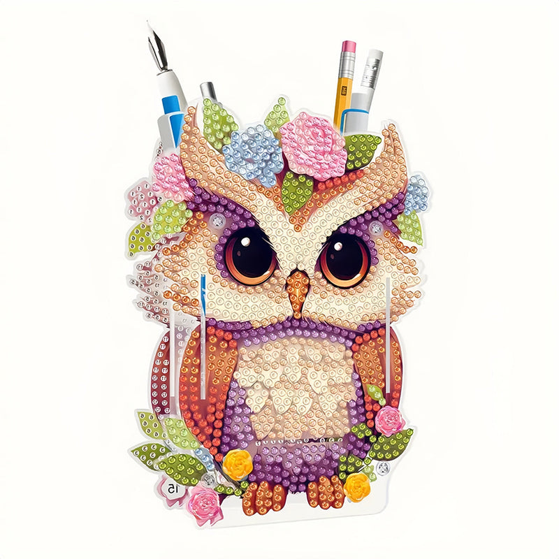 Porte-Stylo Hibou Avec Fleurs Broderie Diamant