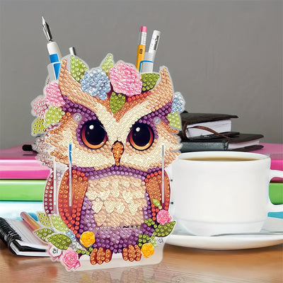 Porte-Stylo Hibou Avec Fleurs Broderie Diamant