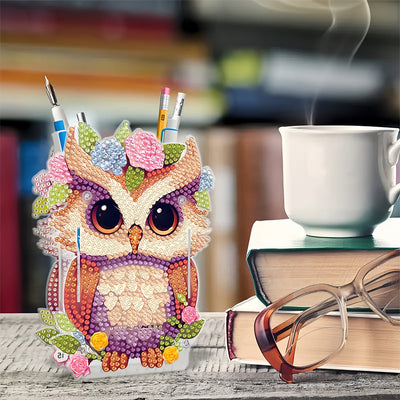 Porte-Stylo Hibou Avec Fleurs Broderie Diamant