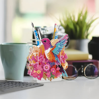 Porte-Stylo Colibri à Fleurs Rouges Broderie Diamant