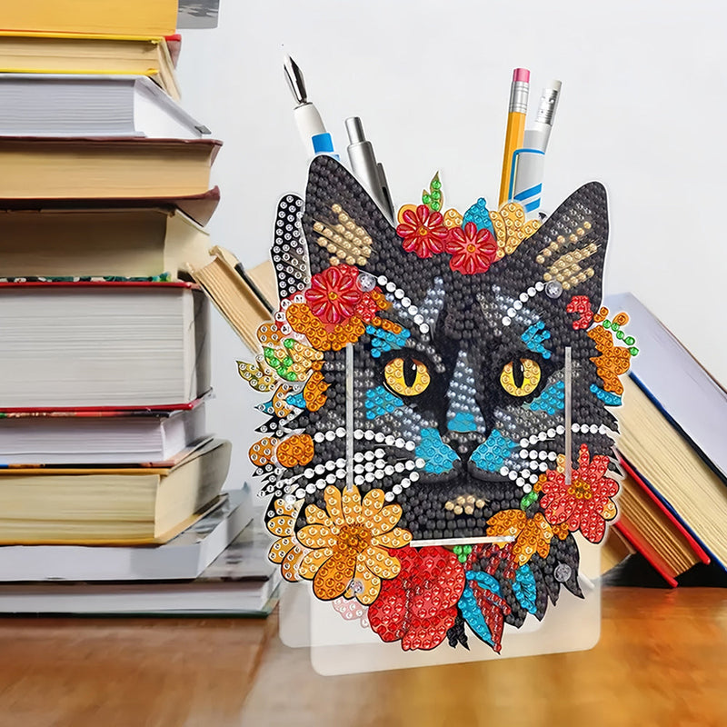 Porte-Stylo Chat Noir à Fleurs Rouges Broderie Diamant