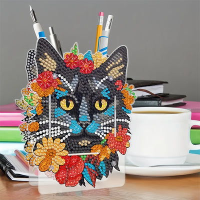 Porte-Stylo Chat Noir à Fleurs Rouges Broderie Diamant