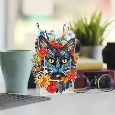 Porte-Stylo Chat Noir à Fleurs Rouges Broderie Diamant