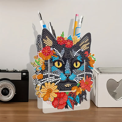 Porte-Stylo Chat Noir à Fleurs Rouges Broderie Diamant