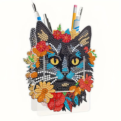 Porte-Stylo Chat Noir à Fleurs Rouges Broderie Diamant