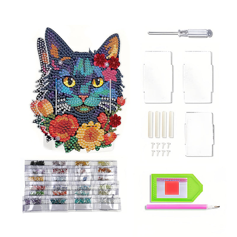 Porte-Stylo Chat Noir et Fleurs Rouges Broderie Diamant