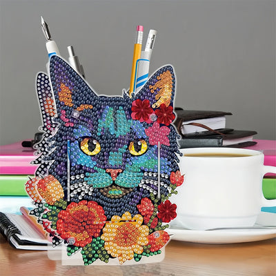 Porte-Stylo Chat Noir et Fleurs Rouges Broderie Diamant