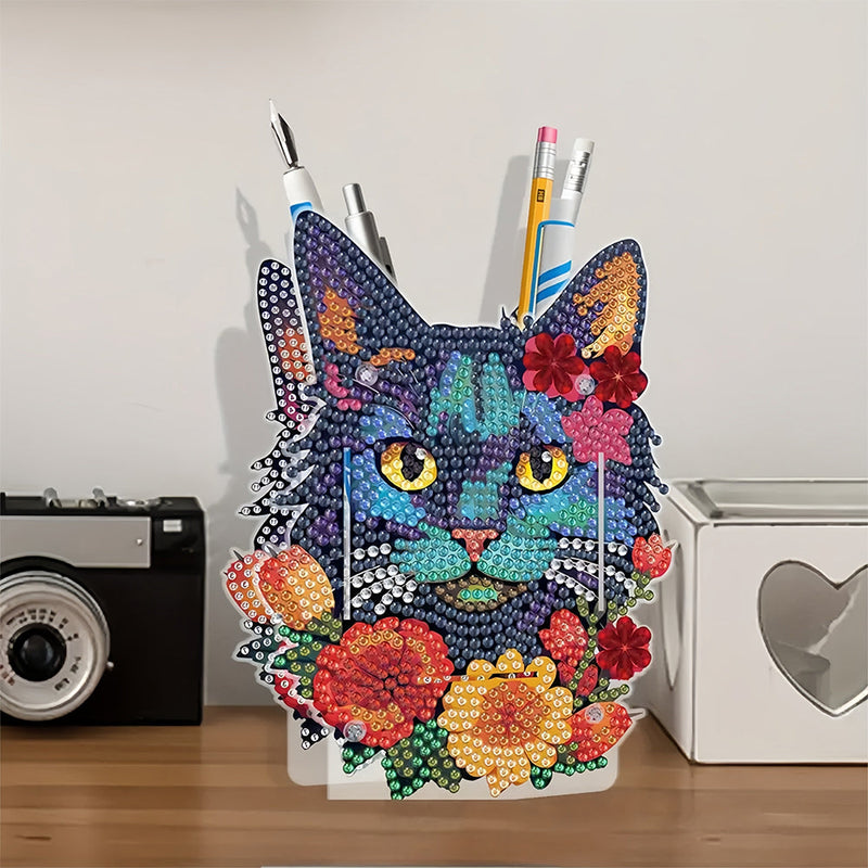 Porte-Stylo Chat Noir et Fleurs Rouges Broderie Diamant