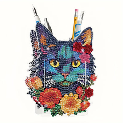 Porte-Stylo Chat Noir et Fleurs Rouges Broderie Diamant