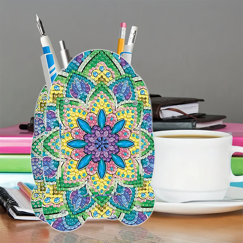 Porte-Stylo à Motif Mandala Vert et Jaune Broderie Diamant