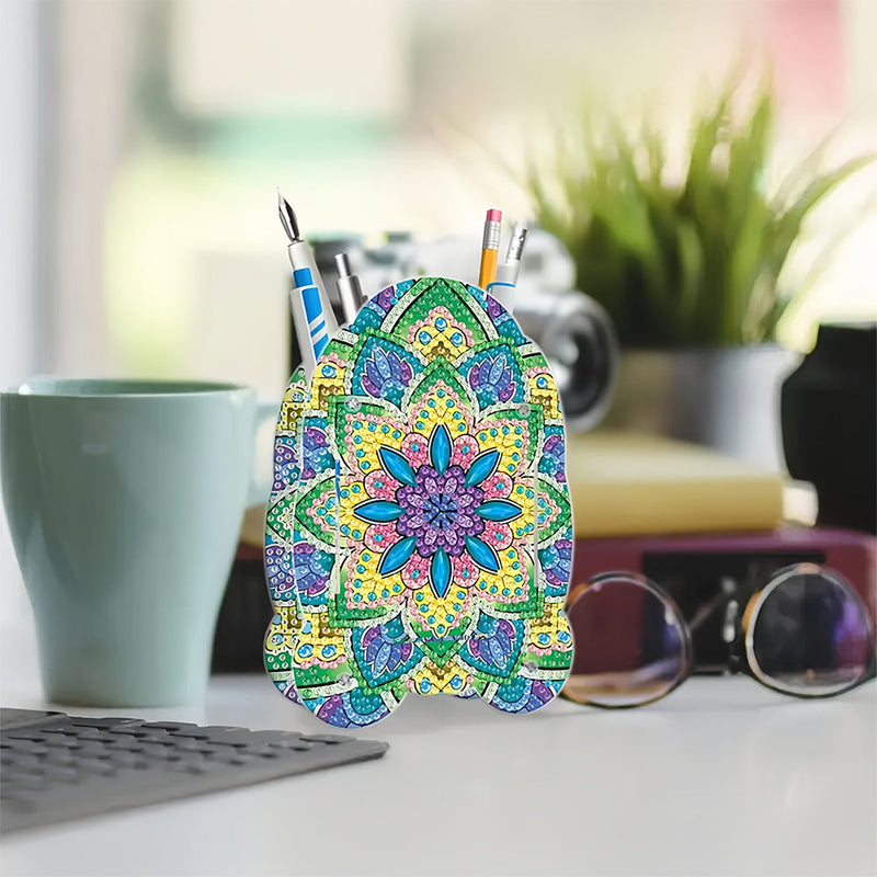 Porte-Stylo à Motif Mandala Vert et Jaune Broderie Diamant