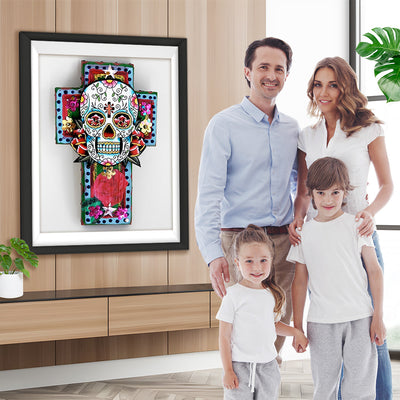 Crâne et Croix de Fleurs Broderie Diamant