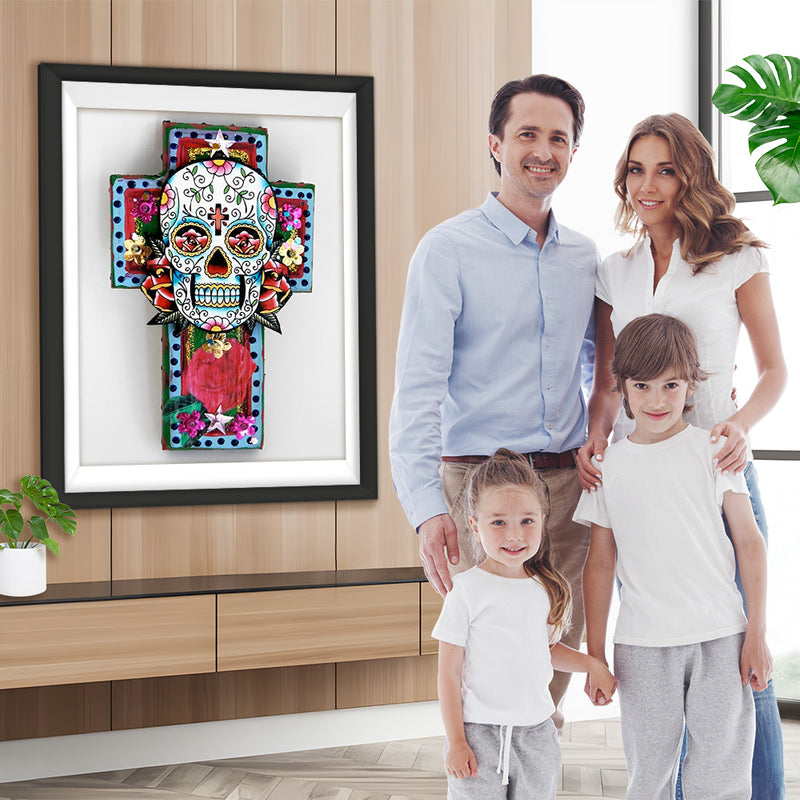 Crâne et Croix de Fleurs Broderie Diamant