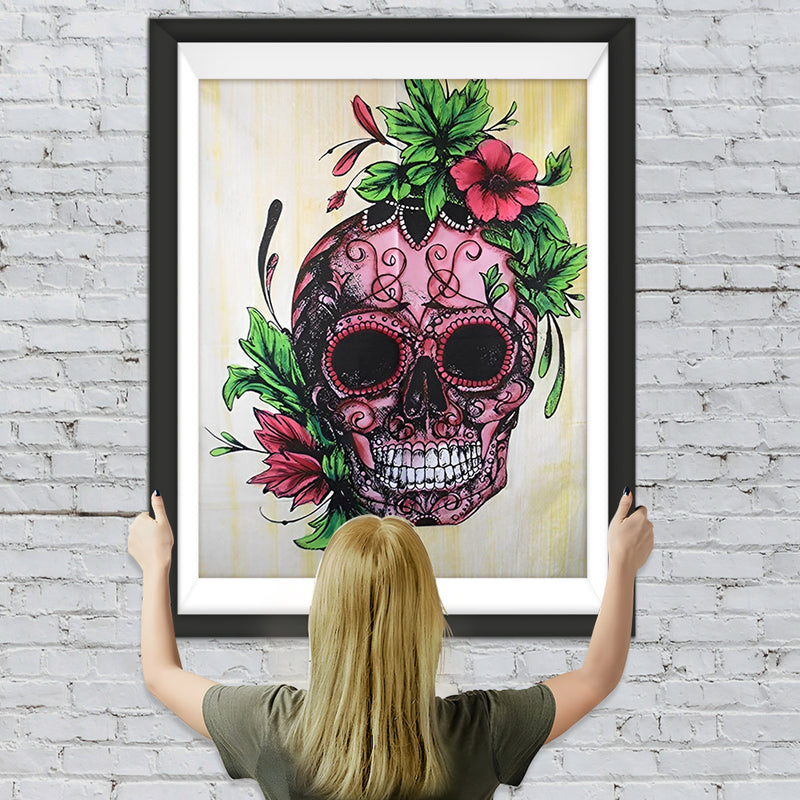 Crâne Rose et Fleur Broderie Diamant