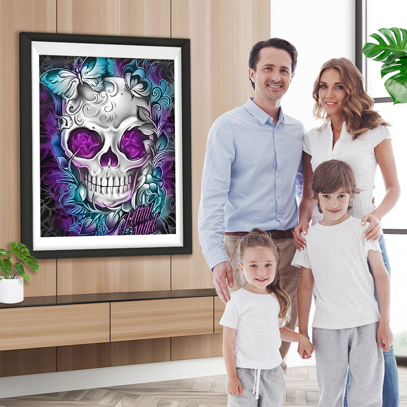 Crâne et Papillond Blancs Broderie Diamant
