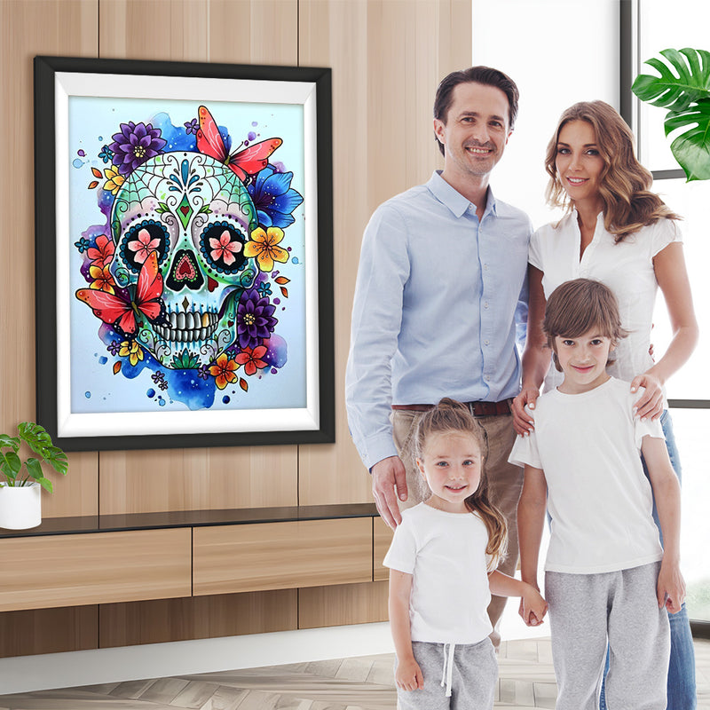 Crâne et Papillons Rouges Broderie Diamant