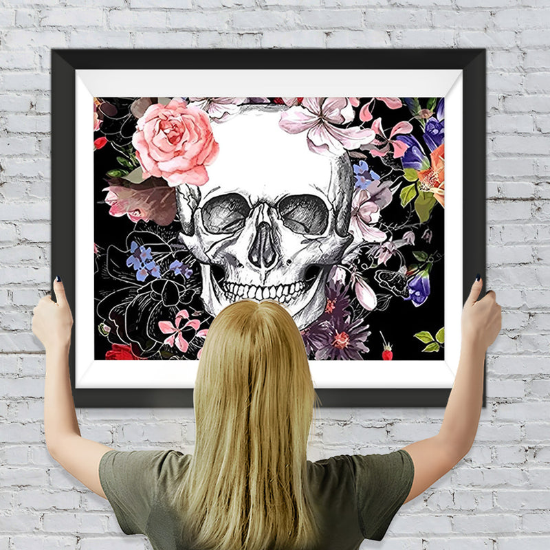 Crâne et Fleurs Colorées Broderie Diamant