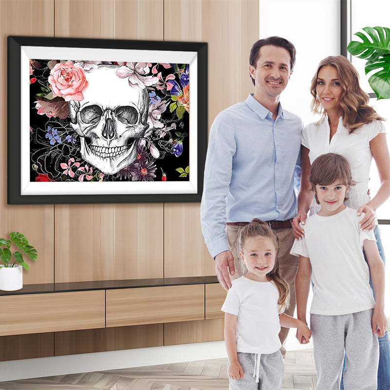 Crâne et Fleurs Colorées Broderie Diamant