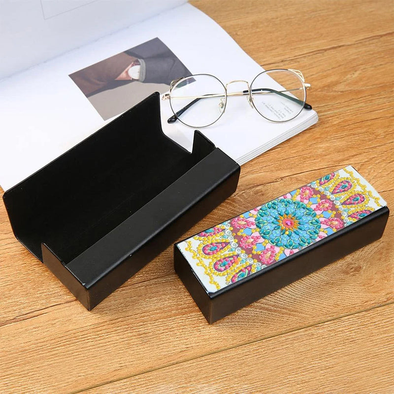 Étui de Rangement pour Lunettes en Cuir Mandala Bleu et Jaune Broderie Diamant