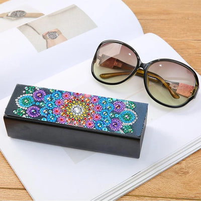 Étui de Rangement pour Lunettes en Cuir Mandala Bleu et Rouge Broderie Diamant