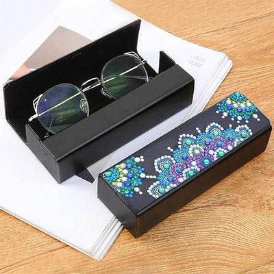 Étui de Rangement pour Lunettes en Cuir Mandala Bleu Broderie Diamant