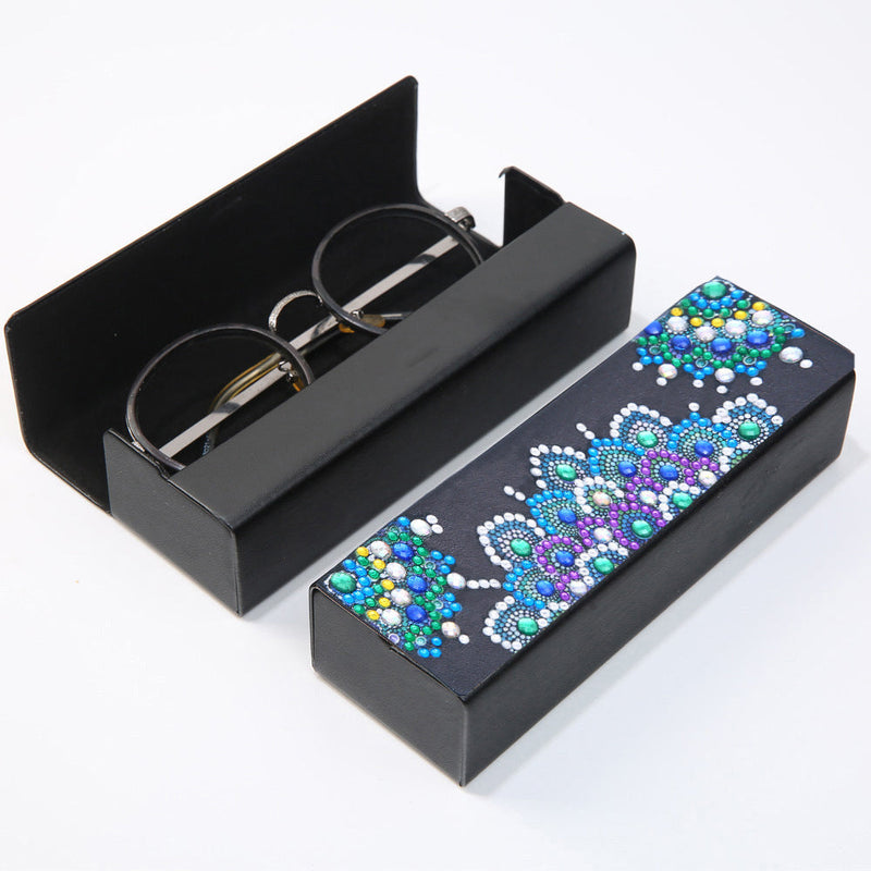 Étui de Rangement pour Lunettes en Cuir Mandala Bleu Broderie Diamant