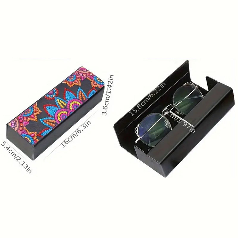 Étui de Rangement pour Lunettes en Cuir Mandala Rouge Broderie Diamant