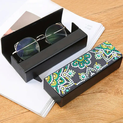 Étui de Rangement pour Lunettes en Cuir Fleur Verte Broderie Diamant