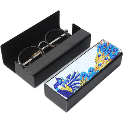 Étui de Rangement pour Lunettes en Cuir Paon Bleu Broderie Diamant