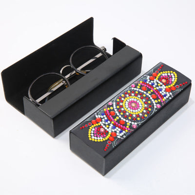 Étui de Rangement pour Lunettes en Cuir Mandala Rouge Broderie Diamant