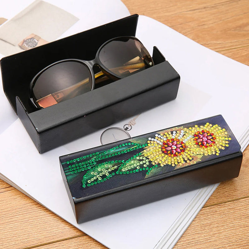 Étui de Rangement pour Lunettes en Cuir Deux Tournesol Broderie Diamant