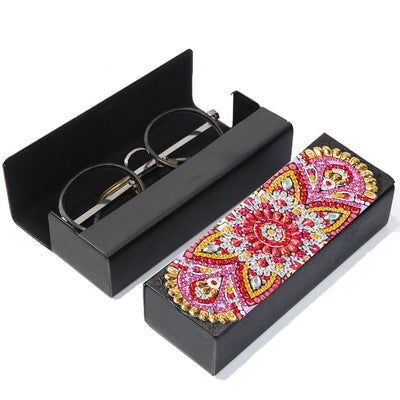 Étui de Rangement pour Lunettes en Cuir Mandala Rouge Broderie Diamant