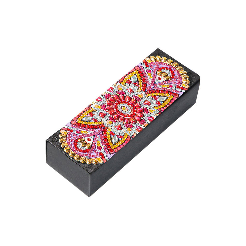 Étui de Rangement pour Lunettes en Cuir Mandala Rouge Broderie Diamant