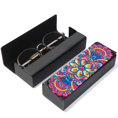 Étui de Rangement pour Lunettes en Cuir Mandala Bleu et Rouge Broderie Diamant