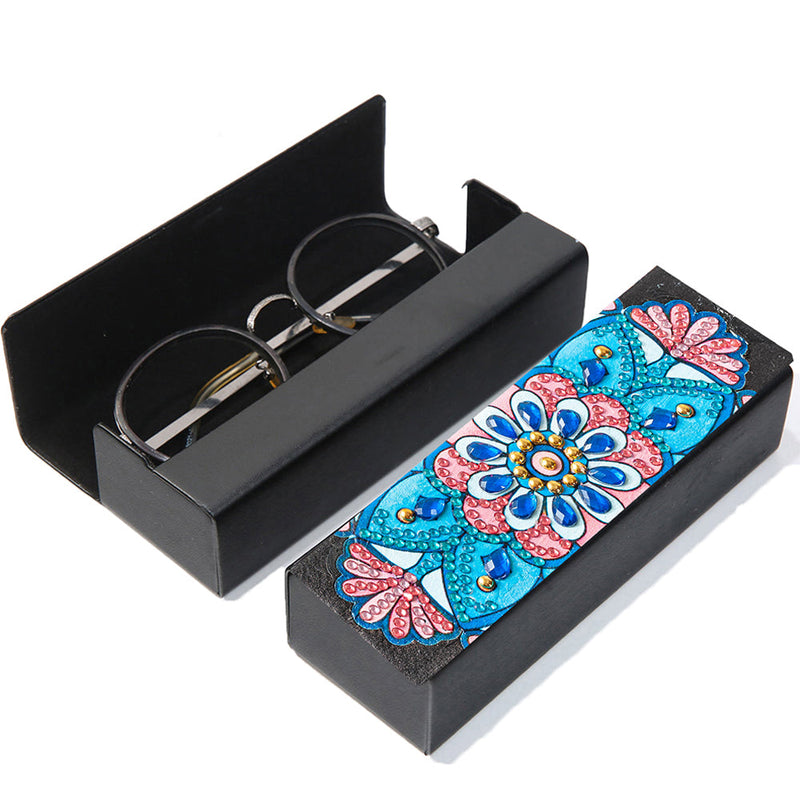 Étui de Rangement pour Lunettes en Cuir Mandala Bleu et Rose Broderie Diamant