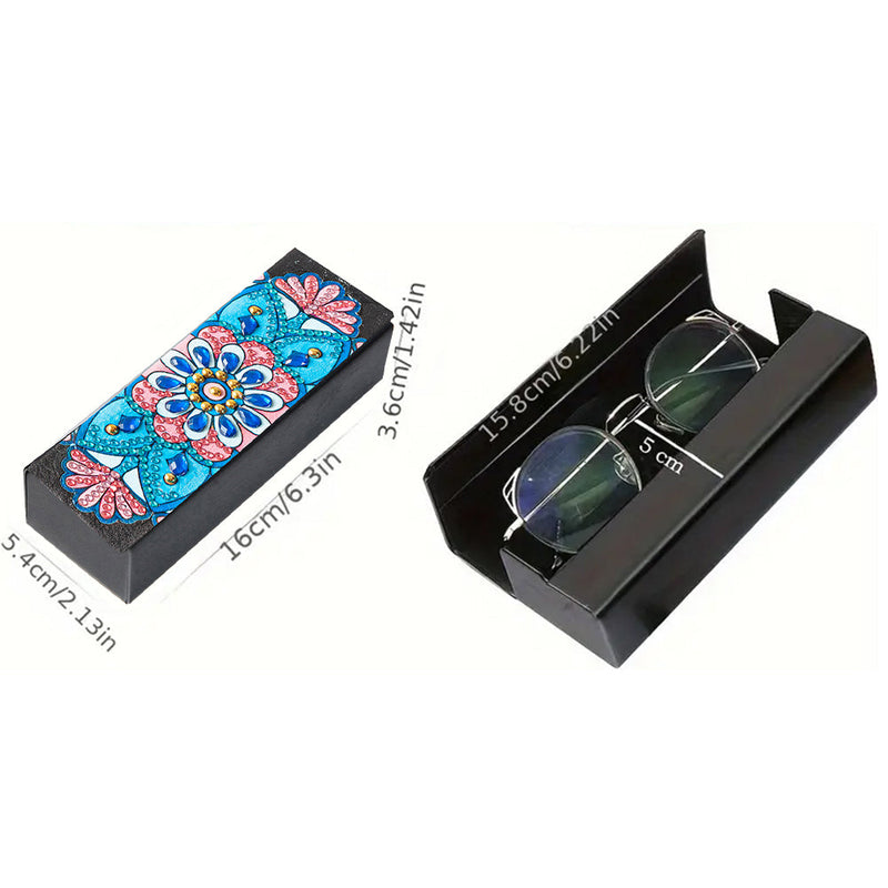 Étui de Rangement pour Lunettes en Cuir Mandala Bleu et Rose Broderie Diamant