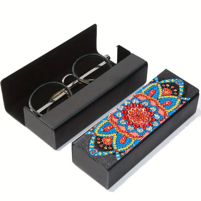 Étui de Rangement pour Lunettes en Cuir Mandala Bleu et Rouge Broderie Diamant