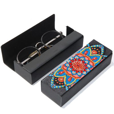 Étui de Rangement pour Lunettes en Cuir Mandala Bleu et Rouge Broderie Diamant