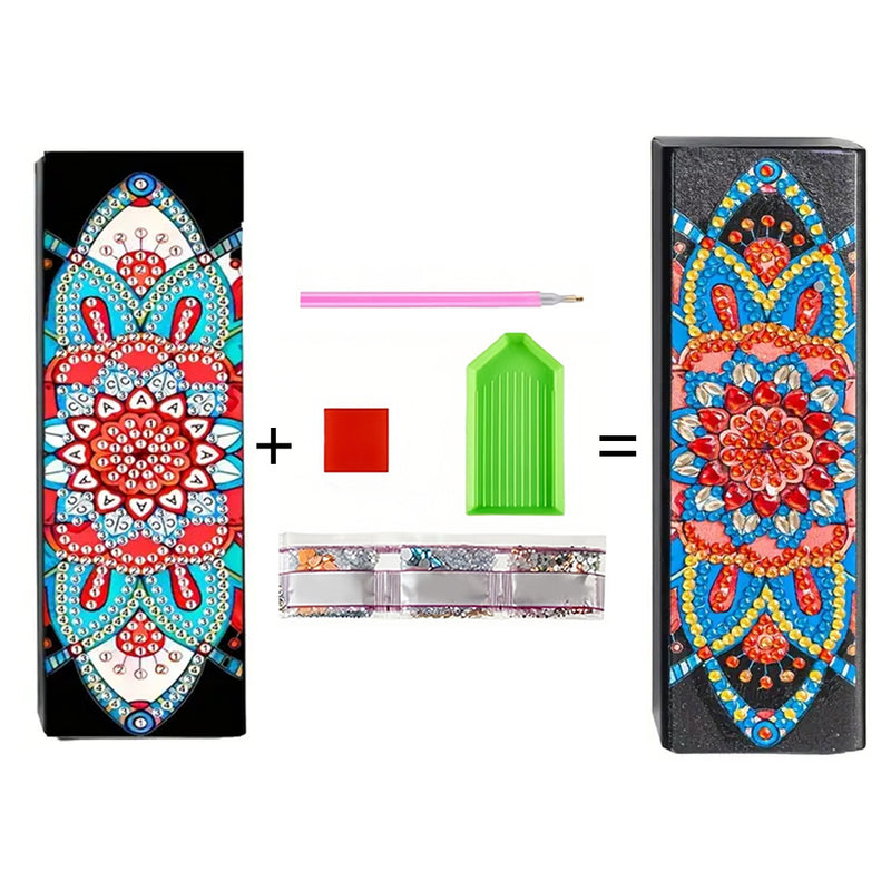 Étui de Rangement pour Lunettes en Cuir Mandala Bleu et Rouge Broderie Diamant