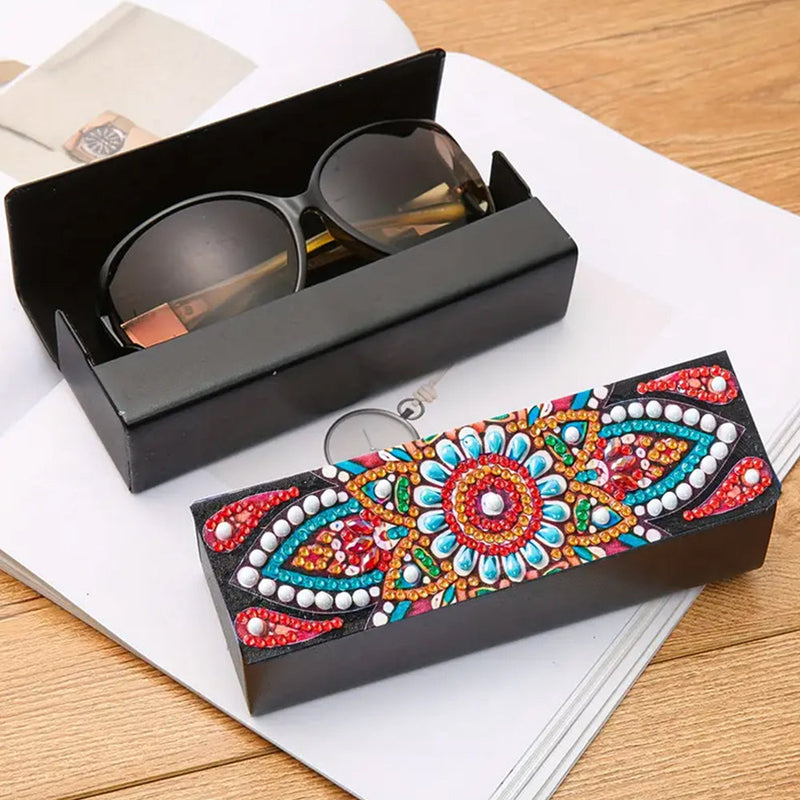 Étui de Rangement pour Lunettes en Cuir Mandala Orange Broderie Diamant